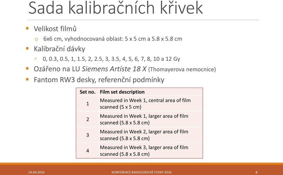 1 2 3 4 Film set description Measured in Week 1, central area of film scanned (5 x 5 cm) Measured in Week 1, larger area of film scanned (5.8 x 5.