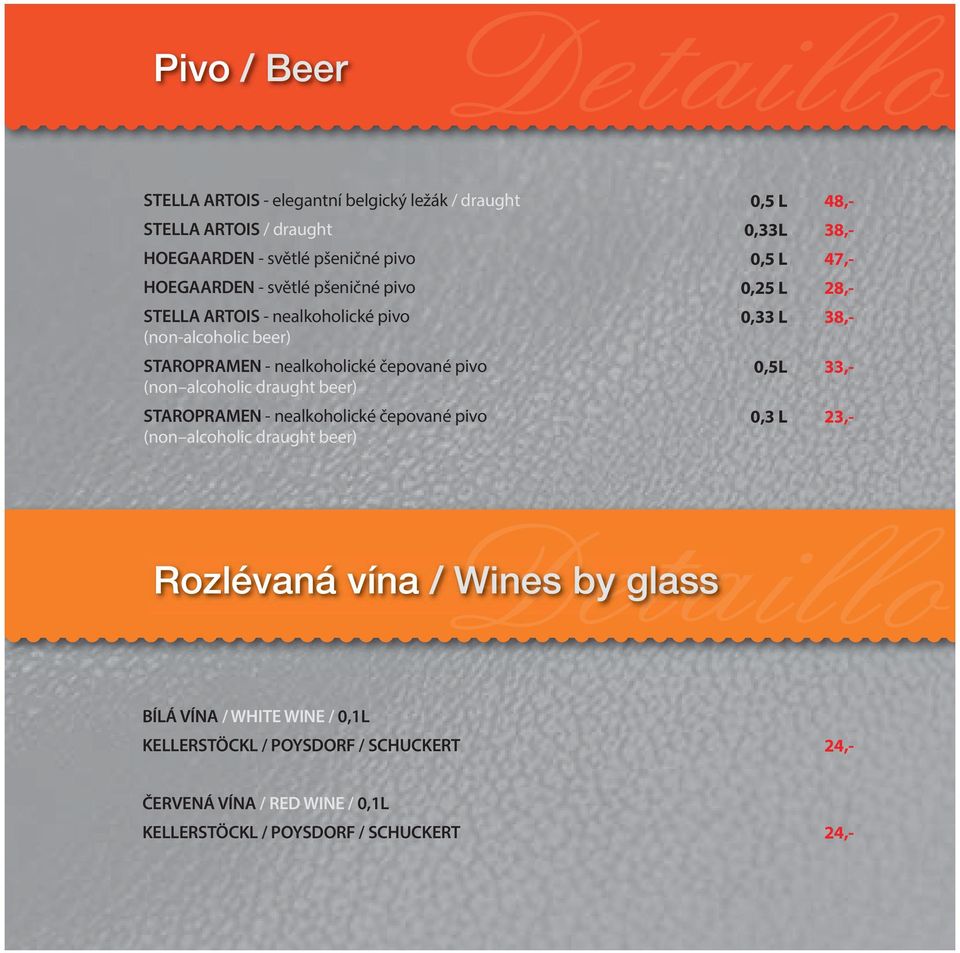 nealkoholické čepované pivo (non alcoholic draught beer) 0,5 L 0,33L 0,5 L 0,25 L 0,33 L 0,5L 0,3 L Rozlévaná vína / Wines by glass BÍLÁ VÍNA / WHITE