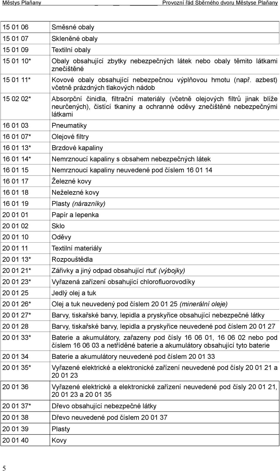 azbest) včetně prázdných tlakových nádob 15 02 02* Absorpční činidla, filtrační materiály (včetně olejových filtrů jinak blíže neurčených), čistící tkaniny a ochranné oděvy znečištěné nebezpečnými