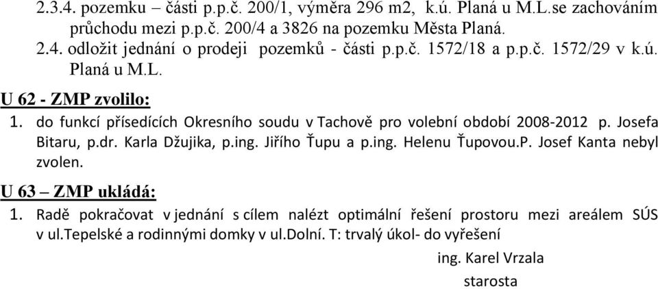 Josefa Bitaru, p.dr. Karla Džujika, p.ing. Jiřího Ťupu a p.ing. Helenu Ťupovou.P. Josef Kanta nebyl zvolen. U 63 ZMP ukládá: 1.