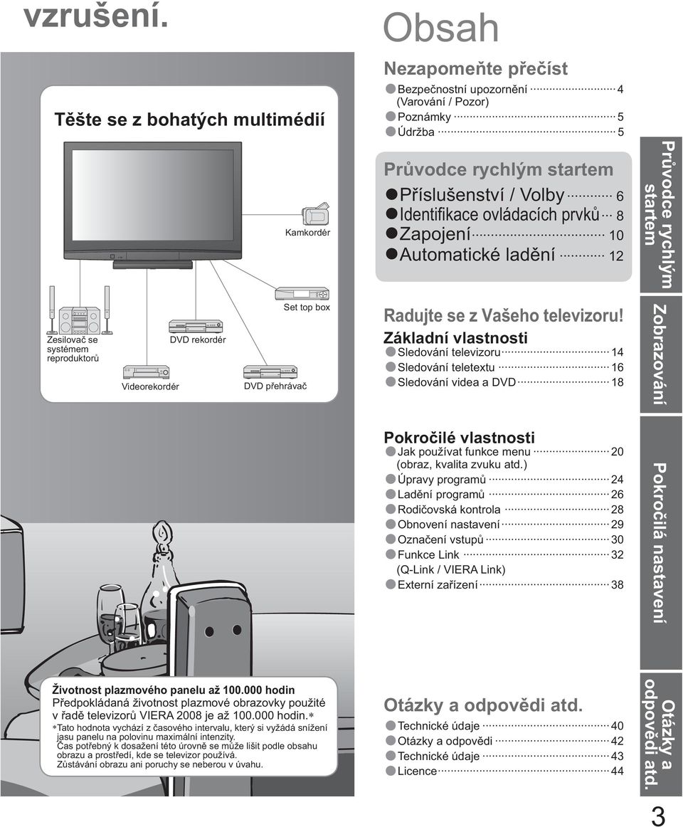 ovládacích prvk 8 Zapojení 10 Automatické lad ní 12 Pr vodce rychlým startem Zesilova se systémem reproduktor Videorekordér DVD rekordér DVD p ehráva Set top box Radujte se z Vašeho televizoru!