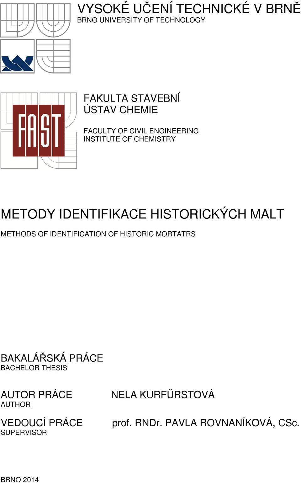 METHODS OF IDENTIFICATION OF HISTORIC MORTATRS BAKALÁŘSKÁ PRÁCE BACHELOR THESIS AUTOR PRÁCE