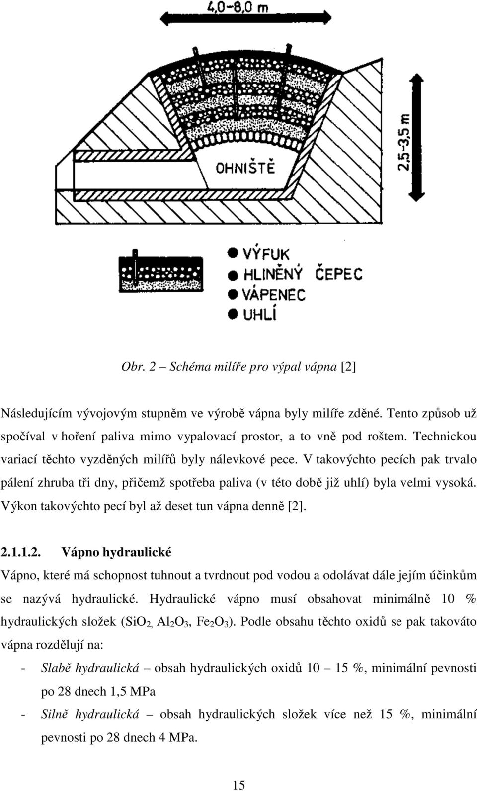 Výkon takovýchto pecí byl až deset tun vápna denně [2]. 2.1.1.2. Vápno hydraulické Vápno, které má schopnost tuhnout a tvrdnout pod vodou a odolávat dále jejím účinkům se nazývá hydraulické.