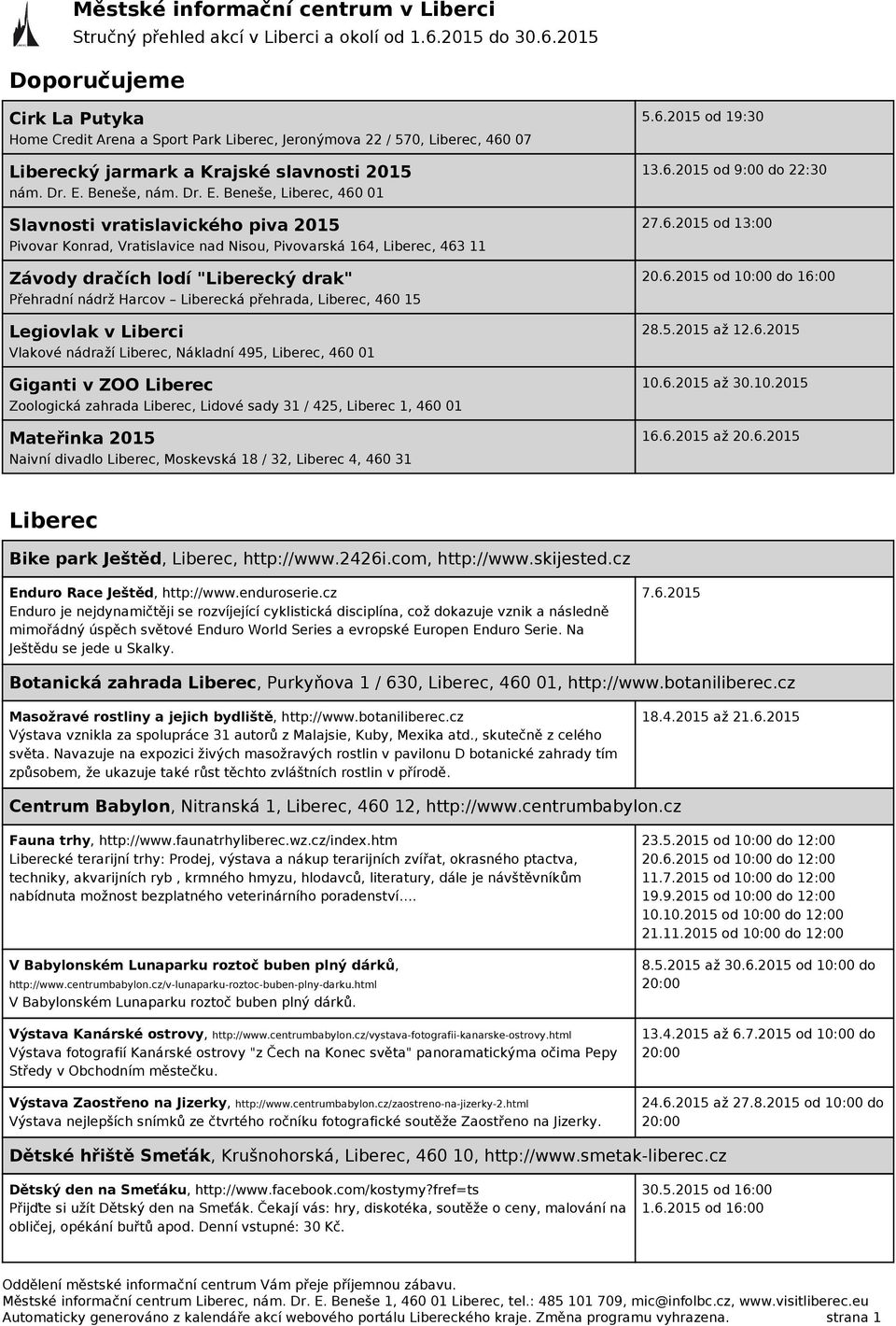 Beneše, Liberec, 460 01 Slavnosti vratislavického piva 2015 Pivovar Konrad, Vratislavice nad Nisou, Pivovarská 164, Liberec, 463 11 Závody dračích lodí "Liberecký drak" Přehradní nádrž Harcov