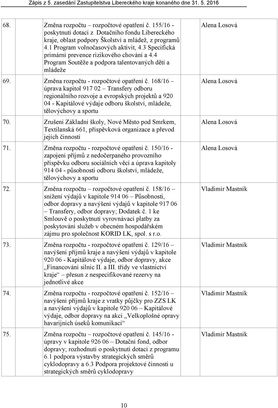 168/16 úprava kapitol 917 2 Transfery odboru regionálního rozvoje a evropských projektů a 92 4 - Kapitálové výdaje odboru školství, mládeže, tělovýchovy a sportu 7.