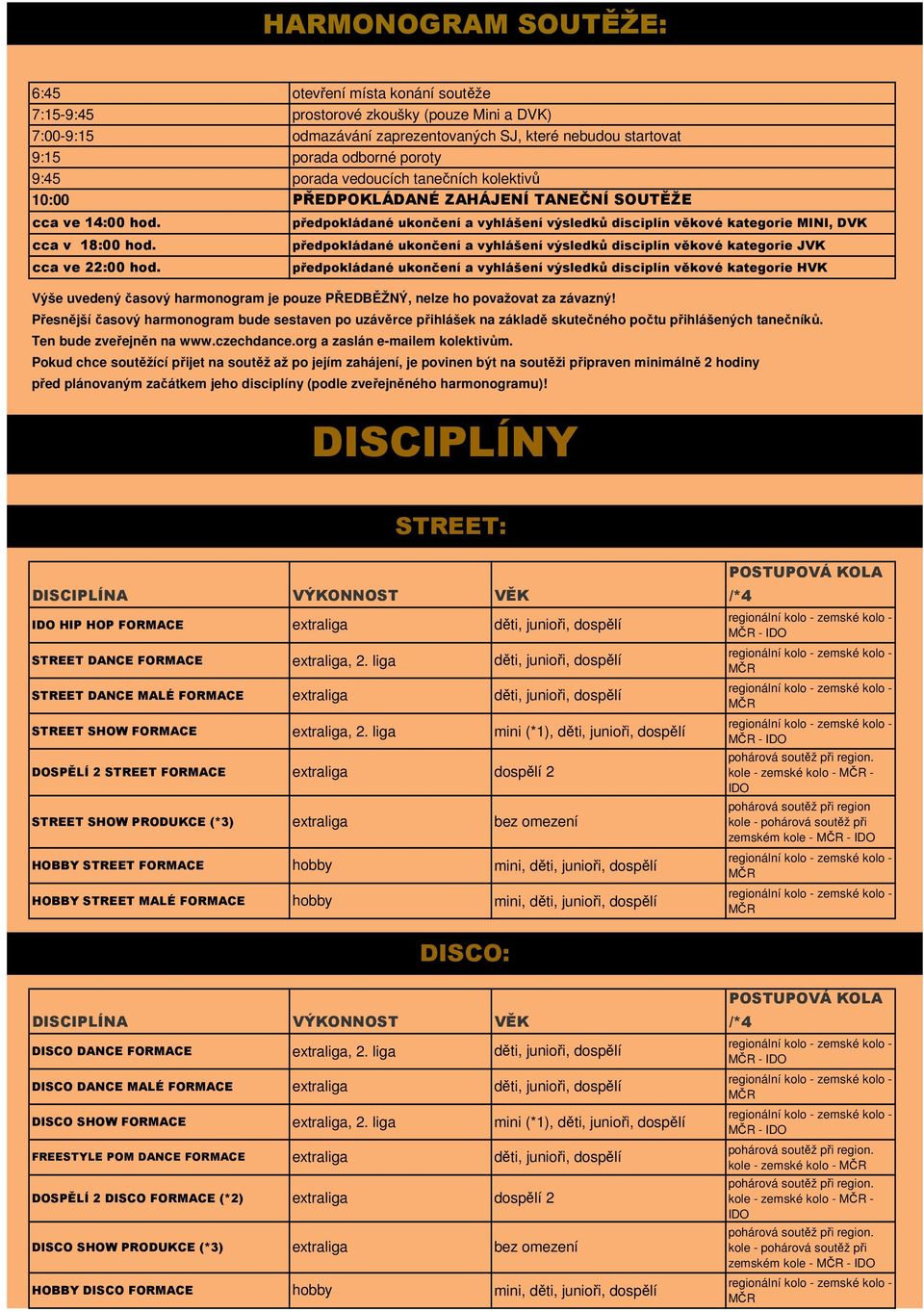 Výše uvedený časový harmonogram je pouze PŘEDBĚŽNÝ, nelze ho považovat za závazný! Přesnější časový harmonogram bude sestaven po uzávěrce přihlášek na základě skutečného počtu přihlášených tanečníků.