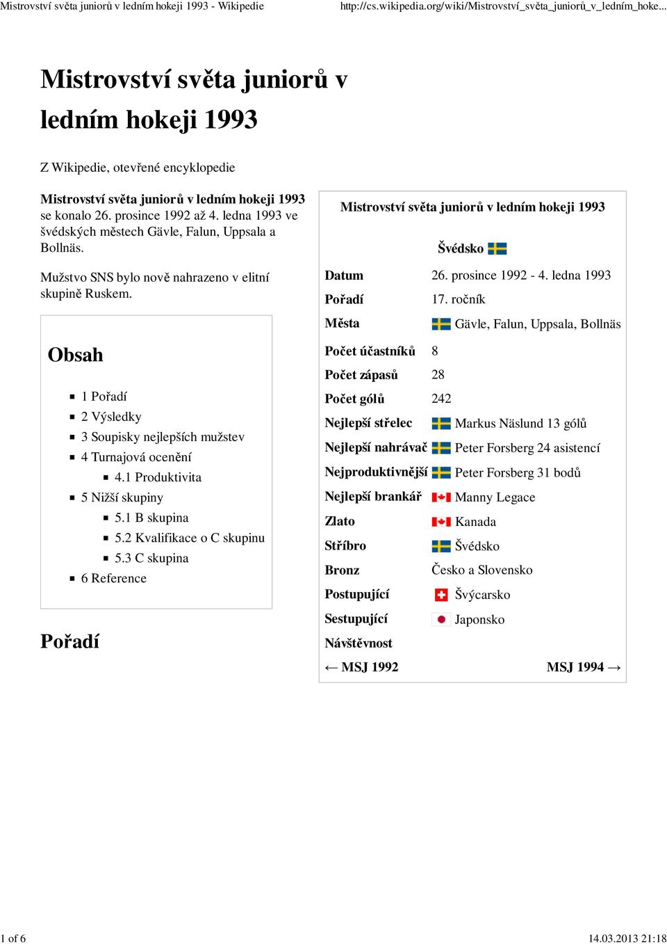 prosince 1992-4. ledna 1993 Pořadí 17. ročník Města Gävle, Falun, Uppsala, Bollnäs Obsah 1 Pořadí 2 Výsledky 3 Soupisky nejlepších mužstev 4 Turnajová ocenění 4.1 Produktivita 5 Nižší skupiny 5.