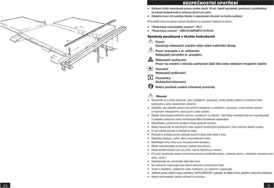 Pracoviště doporučujeme vybavit tabulkami se zásadami bezpečné práce: "Předcházej nejčastějším úrazům" - PILY "Předcházej úrazům" - DŘEVOOBRÁBĚCÍ STROJE. Symboly používané v těchto instrukcích Pozor!