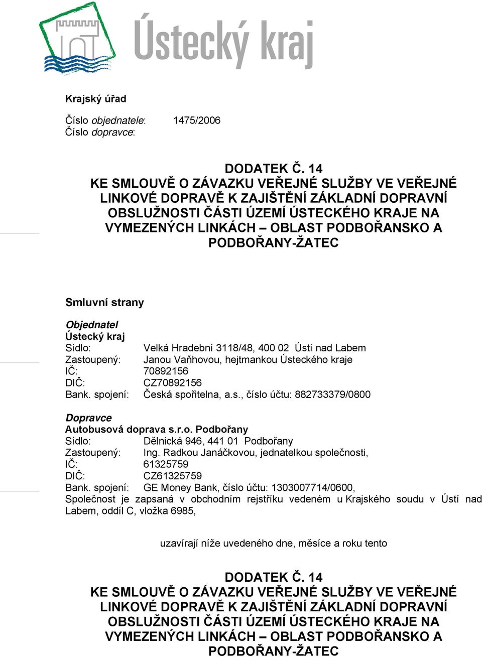 Smluvní strany Objednatel Ústecký kraj Sídlo: Velká Hradební 3118/48, 400 02 Ústí nad Labem Zastoupený: Janou Vaňhovou, hejtmankou Ústeckého kraje IČ: 70892156 DIČ: CZ70892156 Bank.