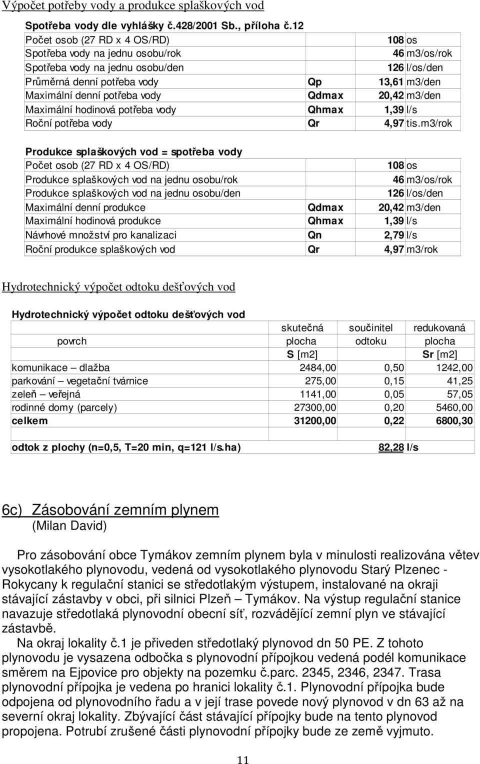 vody Qdmax 20,42 m3/den Maximální hodinová potřeba vody Qhmax 1,39 l/s Roční potřeba vody Qr 4,97 tis.