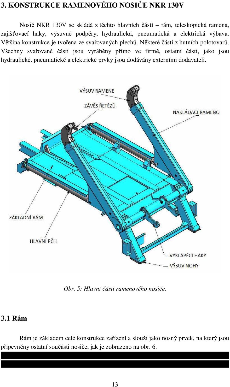 Všechny sva ované ásti jsou vyráb ny p ímo ve firm, ostatní ásti, jako jsou hydraulické, pneumatické a elektrické prvky jsou dodávány externími dodavateli. Obr. 5: Hlavní ásti ramenového nosi e. 3.