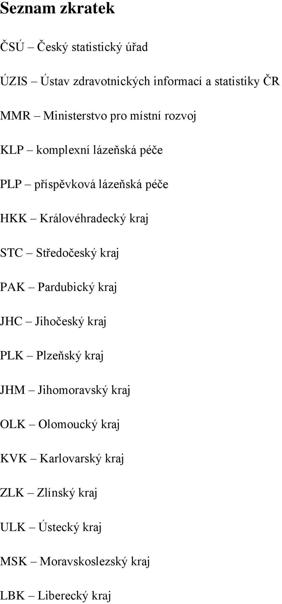 Královéhradecký kraj STC Středočeský kraj PAK Pardubický kraj JHC Jihočeský kraj PLK Plzeňský kraj JHM