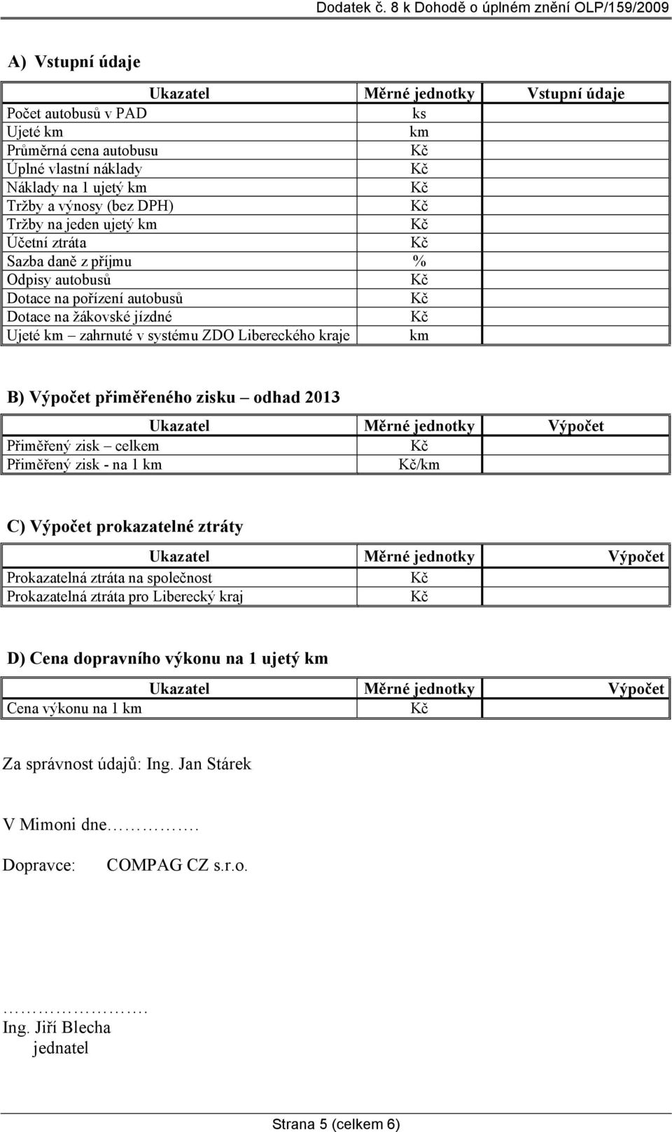 odhad 2013 Ukazatel Měrné jednotky Výpočet Přiměřený zisk celkem Přiměřený zisk - na 1 km /km C) Výpočet prokazatelné ztráty Ukazatel Měrné jednotky Výpočet Prokazatelná ztráta na společnost