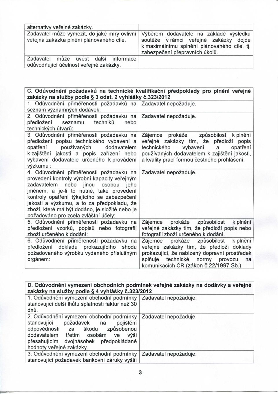 Oduvodneni pozadavku na technicke kvalifikacni pi'edpoklady pro pineni vei'ejne zakazky na sluzby podle 3 odst. 2 vyhlasky c.323/2012 1.