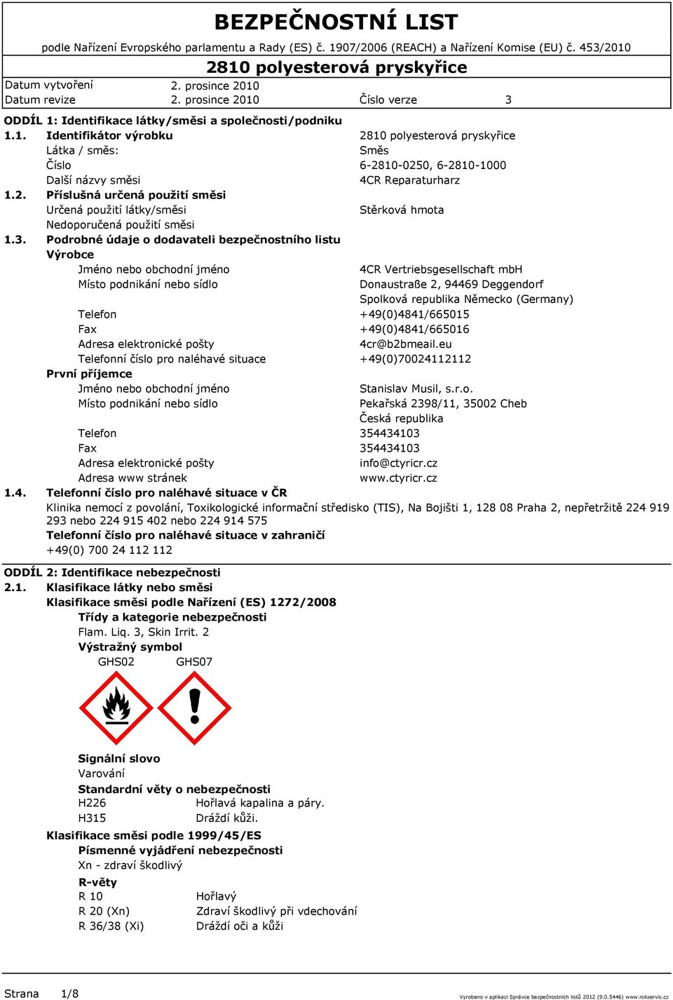 . Podrobné údaje o dodavateli bezpečnostního listu Výrobce Jméno nebo obchodní jméno 4CR Vertriebsgesellschaft mbh Místo podnikání nebo sídlo Donaustraße 2, 94469 Deggendorf Spolková republika