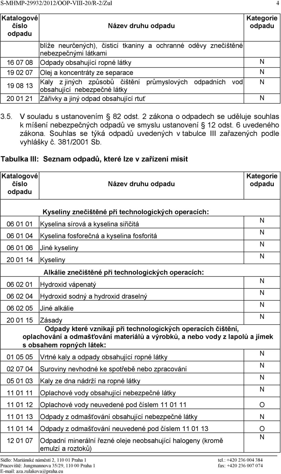 V souladu s ustanovením 82 odst. 2 zákona o odpadech se uděluje souhlas k míšení nebezpečných odpadů ve smyslu ustanovení 12 odst. 6 uvedeného zákona.