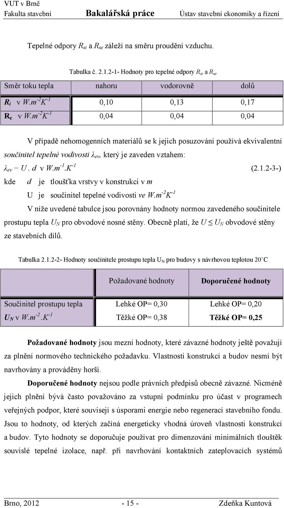 m -2 K -1 V níže uvedené tabulce jsou porovnány hodnoty normou zavedeného součinitele prostupu tepla U N pro obvodové nosné stěny. Obecně platí, že U U N obvodové stěny ze stavebních dílů. Tabulka 2.