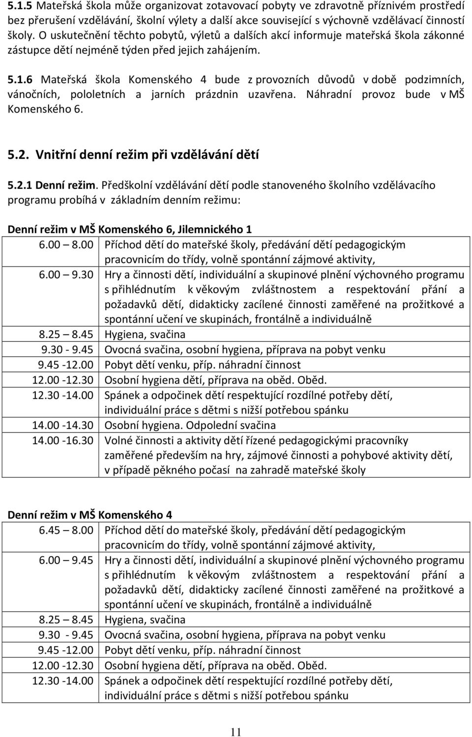 6 Mateřská škola Komenského 4 bude z provozních důvodů v době podzimních, vánočních, pololetních a jarních prázdnin uzavřena. Náhradní provoz bude v MŠ Komenského 6. 5.2.