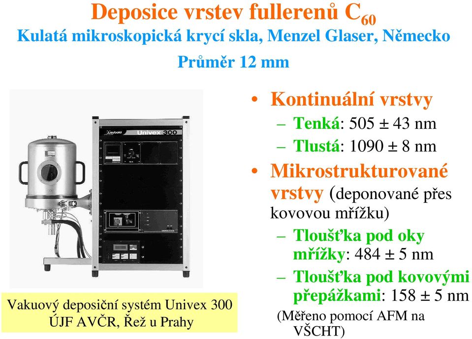 43 nm Tlustá: 1090 ± 8 nm Mikrostrukturované vrstvy (deponované přes kovovou mřížku) Tloušťka