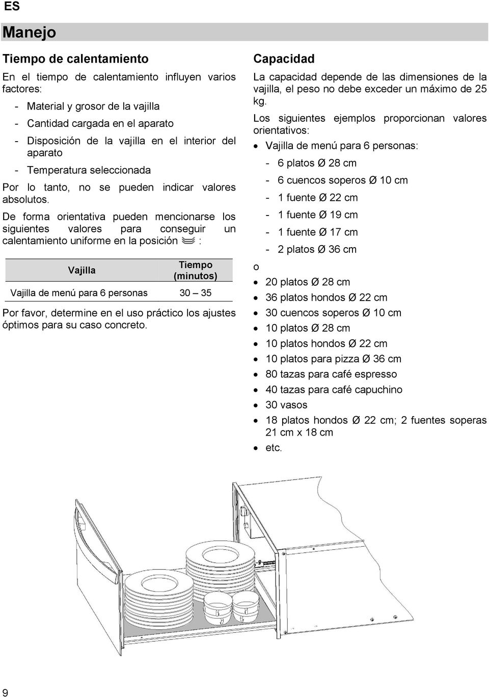 De forma orientativa pueden mencionarse los siguientes valores para conseguir un calentamiento uniforme en la posición : Vajilla Tiempo (minutos) Vajilla de menú para 6 personas 30 35 Por favor,