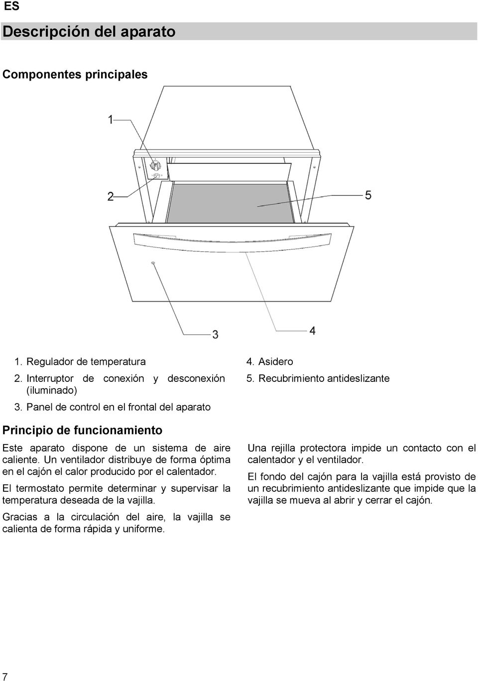 Un ventilador distribuye de forma óptima en el cajón el calor producido por el calentador. El termostato permite determinar y supervisar la temperatura deseada de la vajilla.