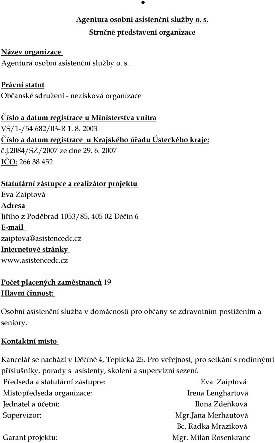 2007 IČO: 266 38 452 Statutární zástupce a realizátor projektu Eva Zaiptová Adresa Jiřího z Poděbrad 1053/85, 405 02 Děčín 6 E-mail zaiptova@asistencedc.