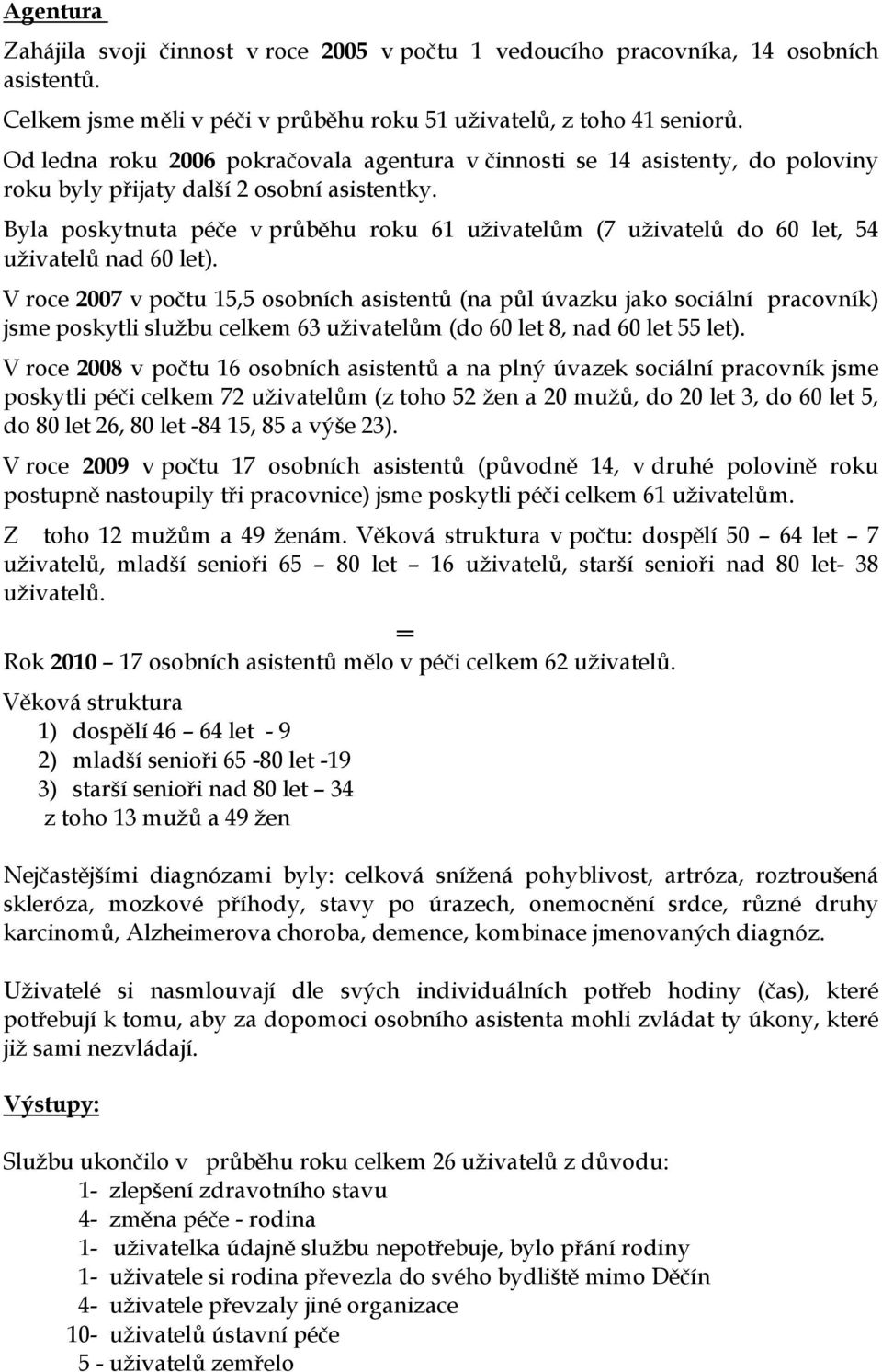 Byla poskytnuta péče v průběhu roku 61 uživatelům (7 uživatelů do 60 let, 54 uživatelů nad 60 let).