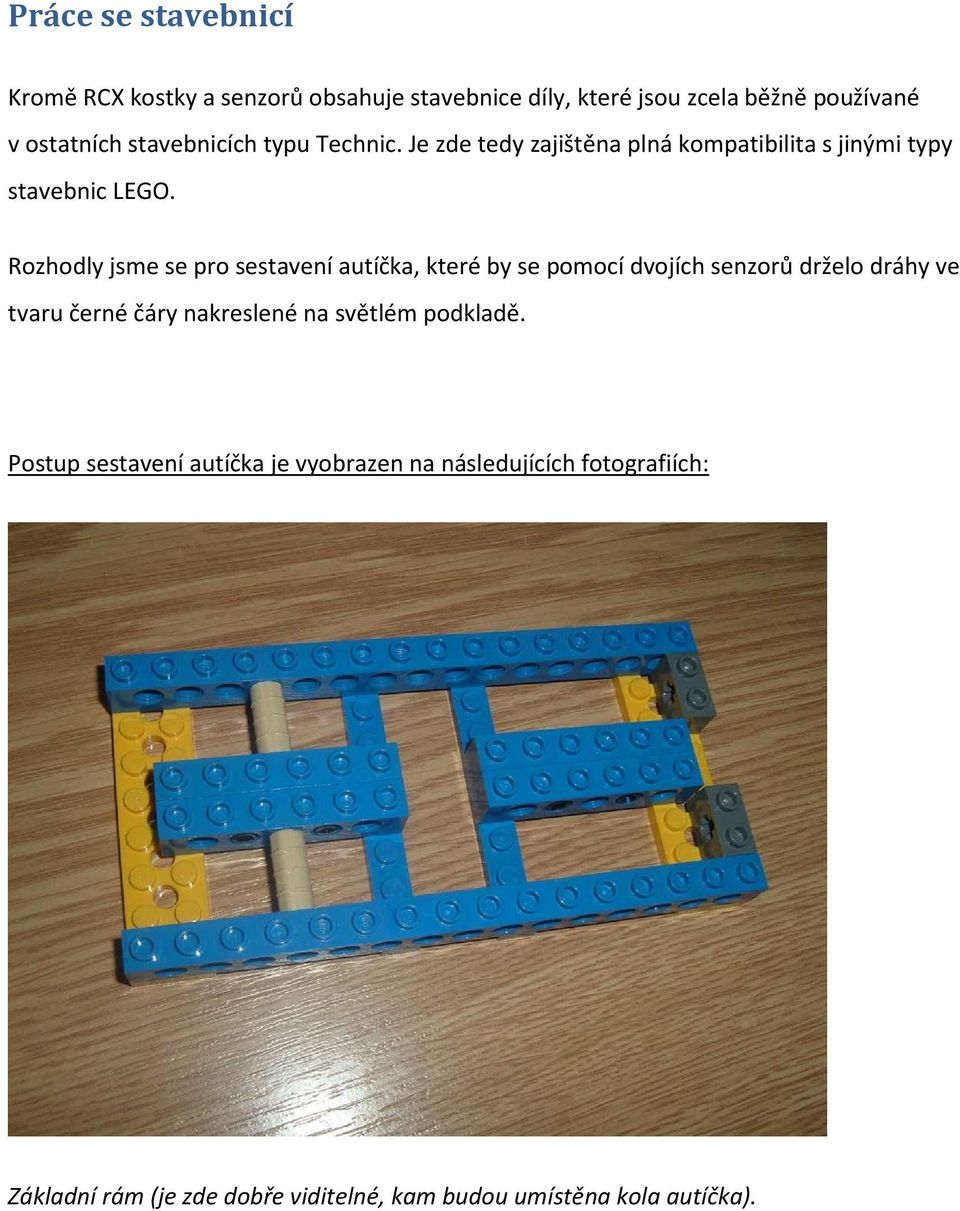 Rozhodly jsme se pro sestavení autíčka, které by se pomocí dvojích senzorů drželo dráhy ve tvaru černé čáry nakreslené na
