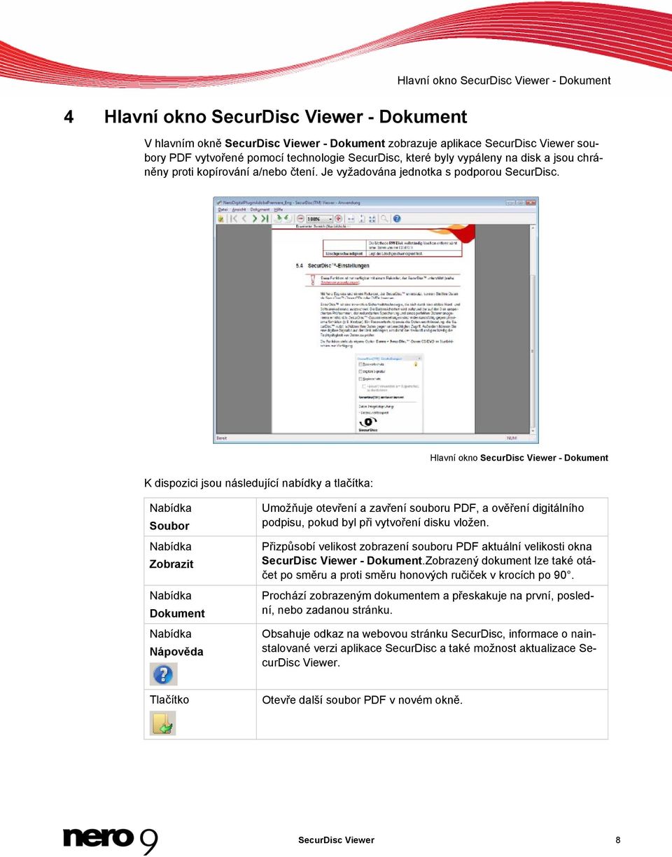 K dispozici jsou následující nabídky a tlačítka: Hlavní okno SecurDisc Viewer - Dokument Nabídka Soubor Nabídka Zobrazit Nabídka Dokument Nabídka Nápověda Umožňuje otevření a zavření souboru PDF, a