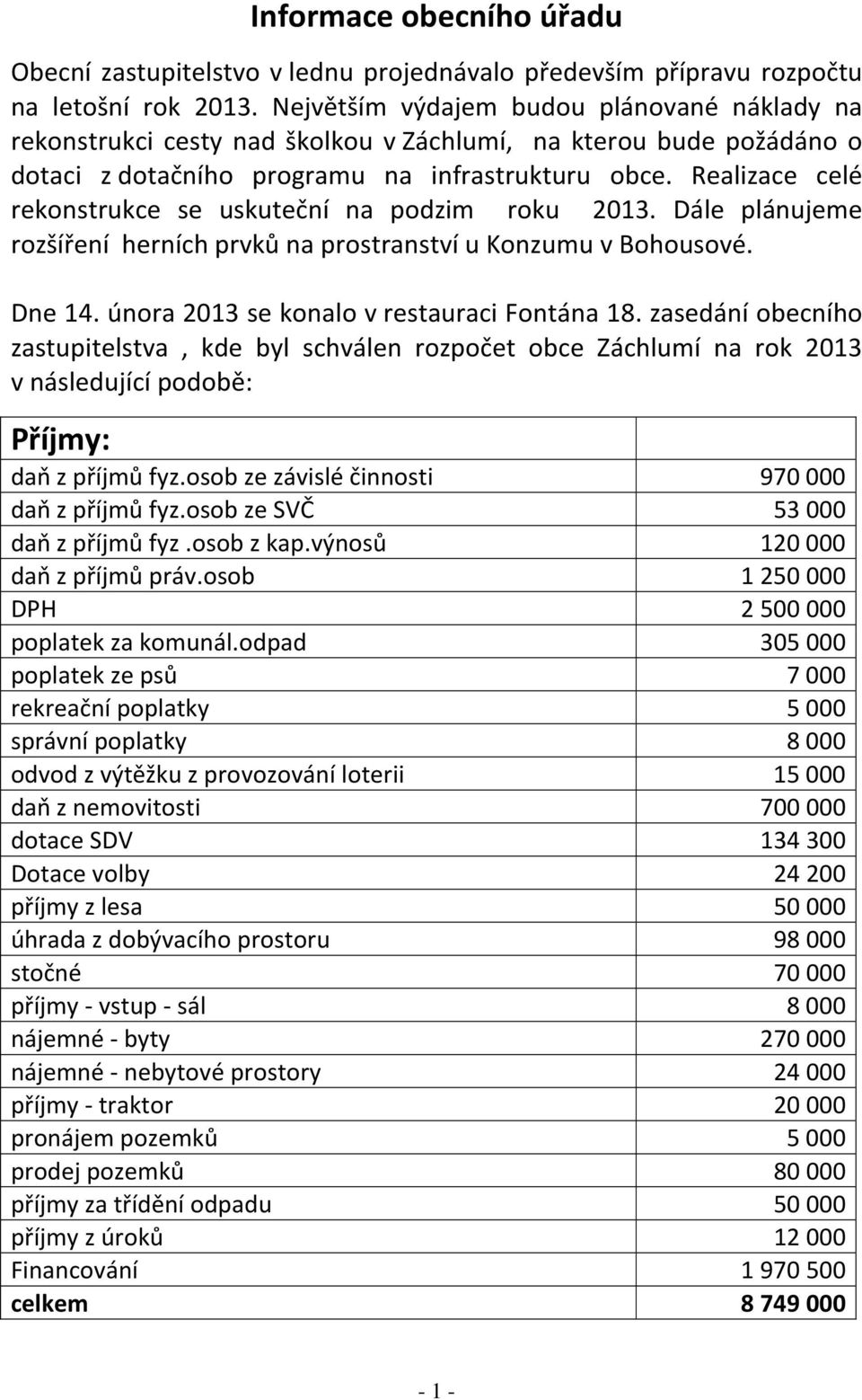 Realizace celé rekonstrukce se uskuteční na podzim roku 2013. Dále plánujeme rozšíření herních prvků na prostranství u Konzumu v Bohousové. Dne 14. února 2013 se konalo v restauraci Fontána 18.