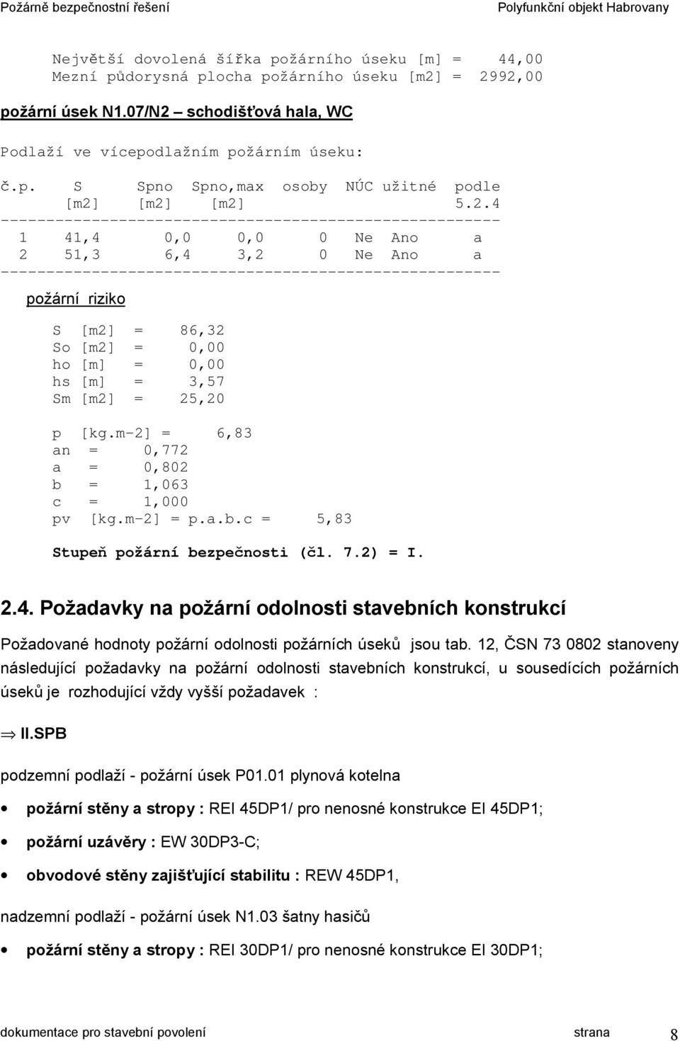 So [m2] = 0,00 ho [m] = 0,00 hs [m] = 3,57 Sm [m2] = 25,20 p [kg.m-2] = 6,83 an = 0,772 a = 0,802 b = 1,063 c = 1,000 pv [kg.m-2] = p.a.b.c = 5,83 Stupeň požární bezpečnosti (čl. 7.2) = I. 2.4.