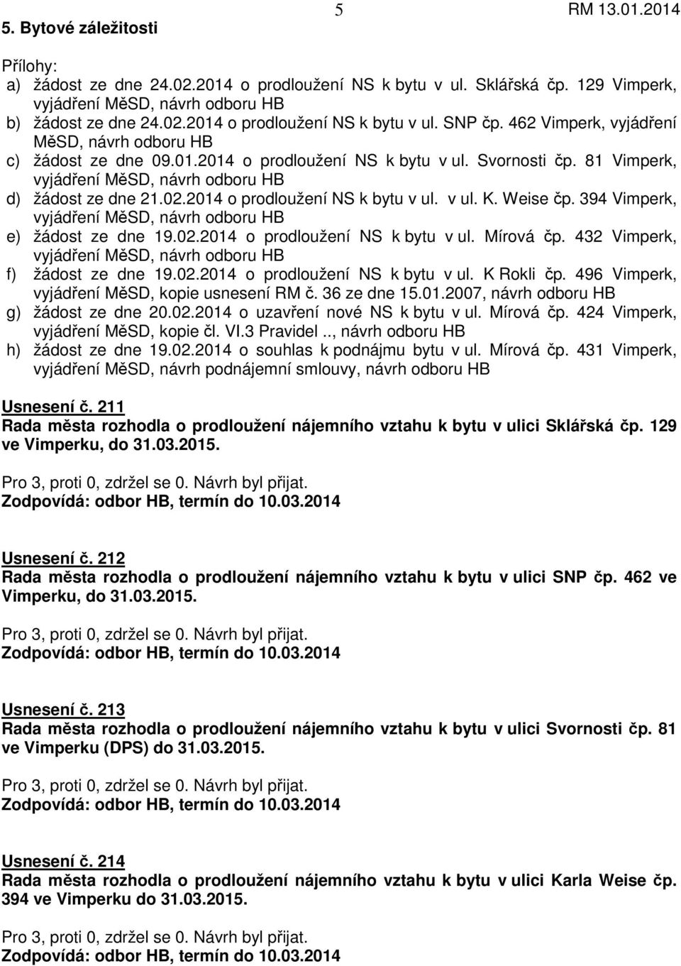 2014 o prodloužení NS k bytu v ul. v ul. K. Weise čp. 394 Vimperk, vyjádření MěSD, návrh odboru HB e) žádost ze dne 19.02.2014 o prodloužení NS k bytu v ul. Mírová čp.
