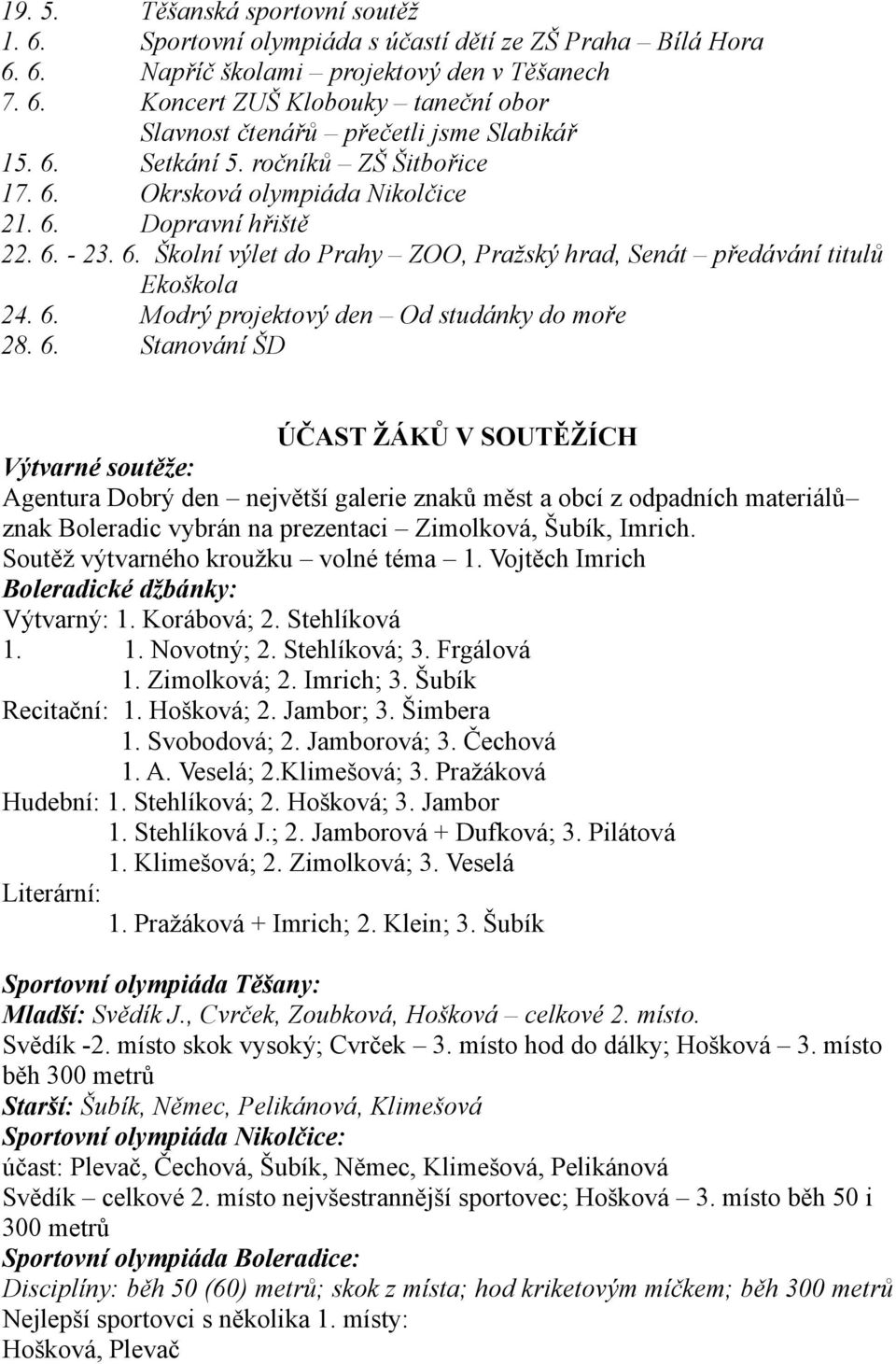 6. Stanování ŠD ÚČAST ŽÁKŮ V SOUTĚŽÍCH Výtvarné soutěže: Agentura Dobrý den největší galerie znaků měst a obcí z odpadních materiálů znak Boleradic vybrán na prezentaci Zimolková, Šubík, Imrich.