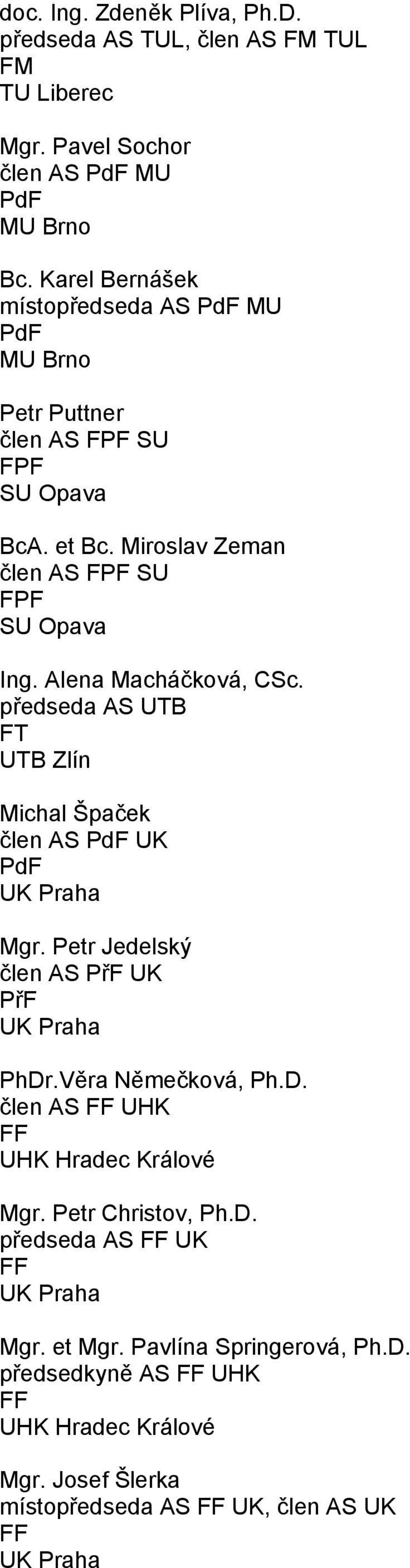 Alena Macháčková, CSc. předseda AS UTB FT UTB Zlín Michal Špaček člen AS UK Mgr. Petr Jedelský člen AS PřF UK PřF PhDr.