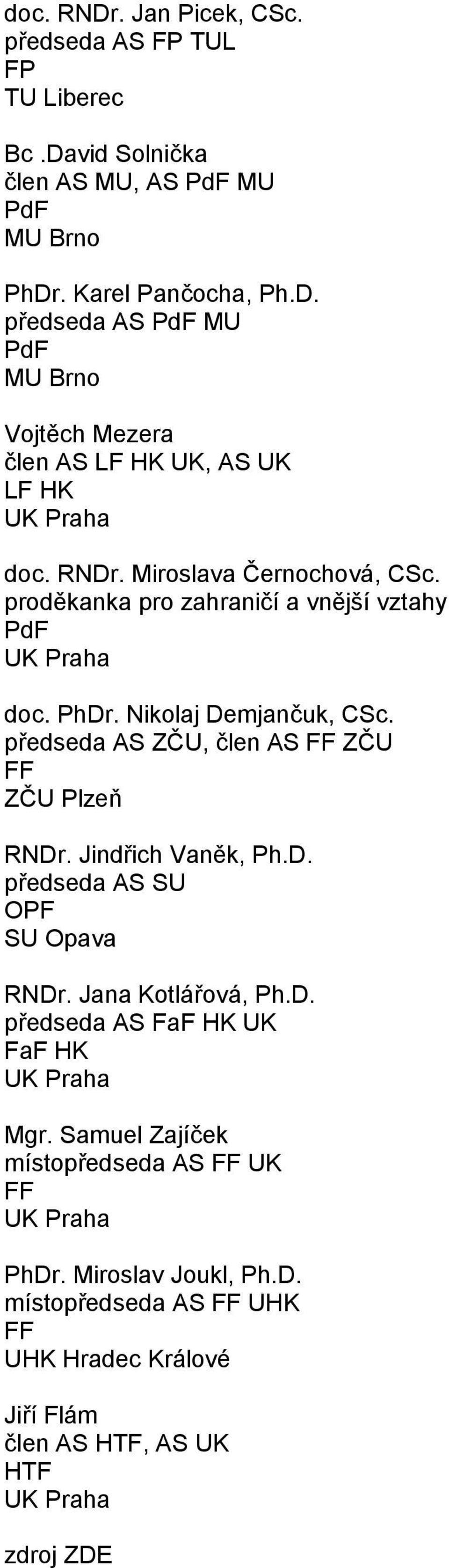 předseda AS ZČU, člen AS ZČU ZČU Plzeň RNDr. Jindřich Vaněk, Ph.D. předseda AS SU OPF RNDr. Jana Kotlářová, Ph.D. předseda AS FaF HK UK FaF HK Mgr.