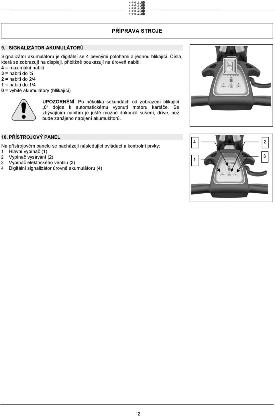 4 = maximální nabití 3 = nabití do ¾ 2 = nabití do 2/4 1 = nabití do 1/4 0 = vybité akumulátory (bllikající) UPOZORNĚNÍ: Po několika sekundách od zobrazení blikající 0 dojde k