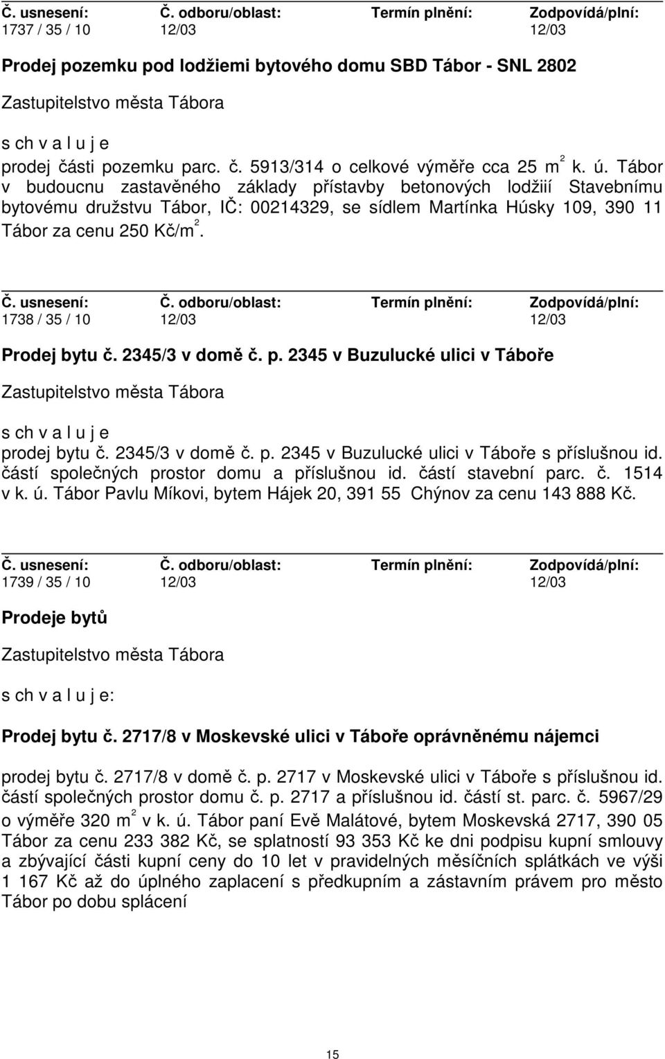 1738 / 35 / 10 12/03 12/03 Prodej bytu č. 2345/3 v domě č. p. 2345 v Buzulucké ulici v Táboře prodej bytu č. 2345/3 v domě č. p. 2345 v Buzulucké ulici v Táboře s příslušnou id.