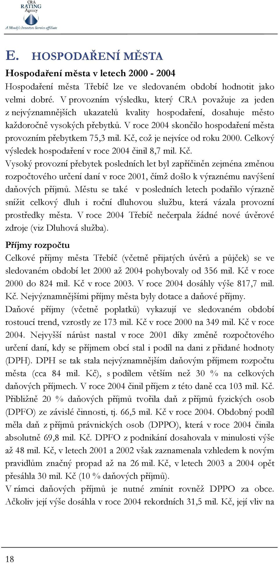 V roce 2004 skončilo hospodaření města provozním přebytkem 75,3 mil. Kč,