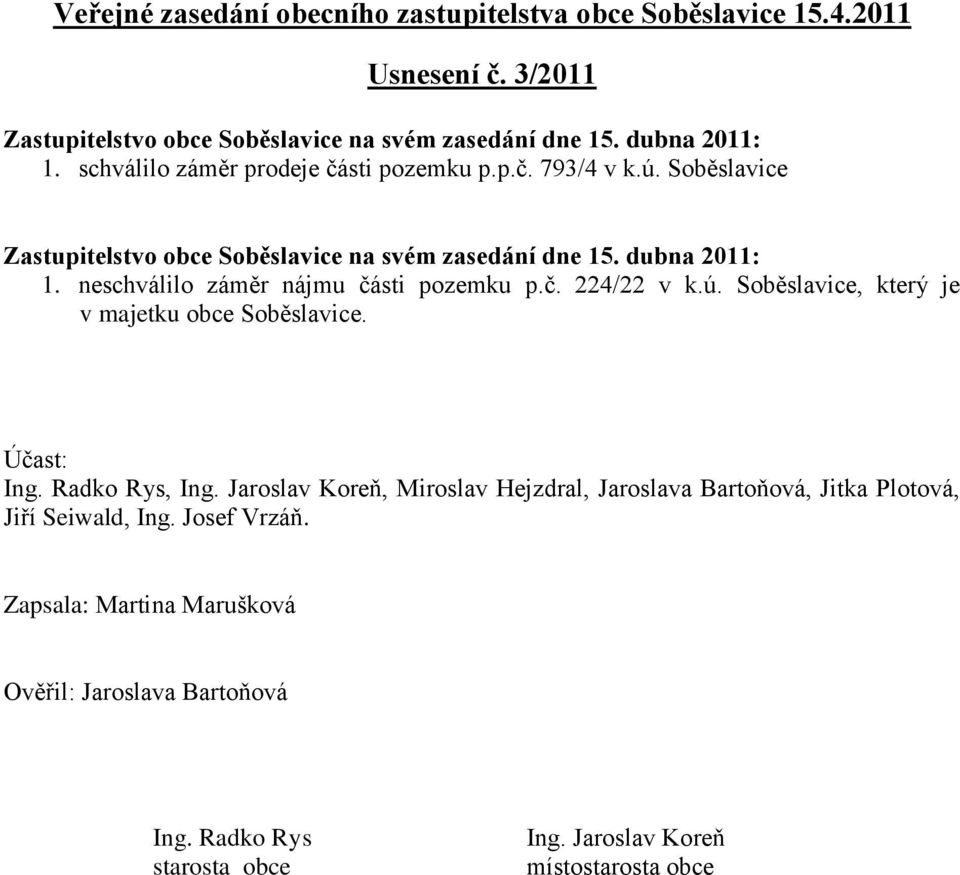 ú. Soběslavice Zastupitelstvo obce Soběslavice na svém zasedání dne 15. dubna 2011: 1. neschválilo záměr nájmu části pozemku p.