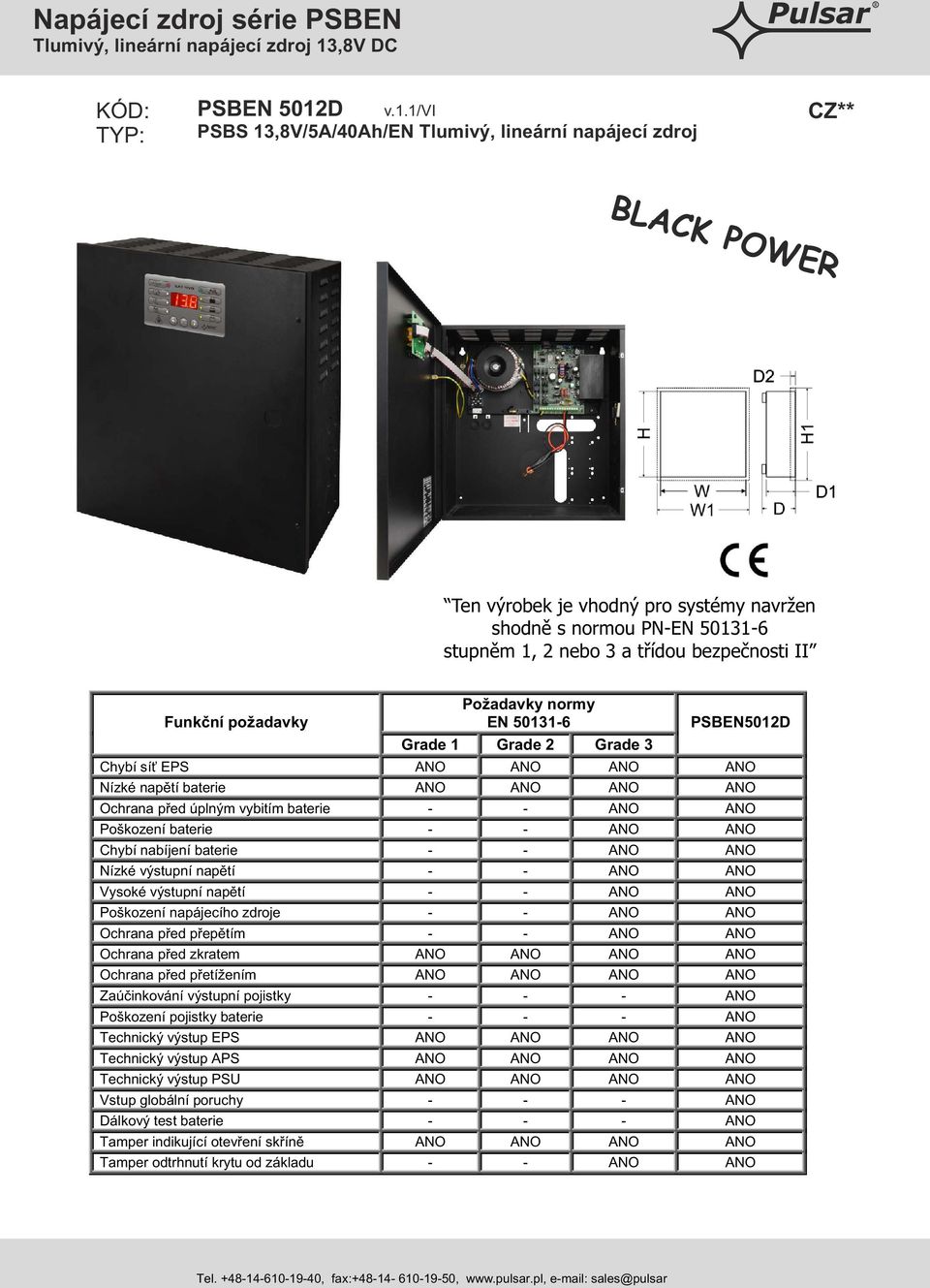 1/vi PSBS 13,8V/5A/40Ah/EN Tlumivý, lineární napájecí zdroj CZ** Ten výrobek je vhodný pro systémy navržen shodně s normou PN-EN 50131-6 stupněm 1, 2 nebo 3 a třídou bezpečnosti II Funkční požadavky