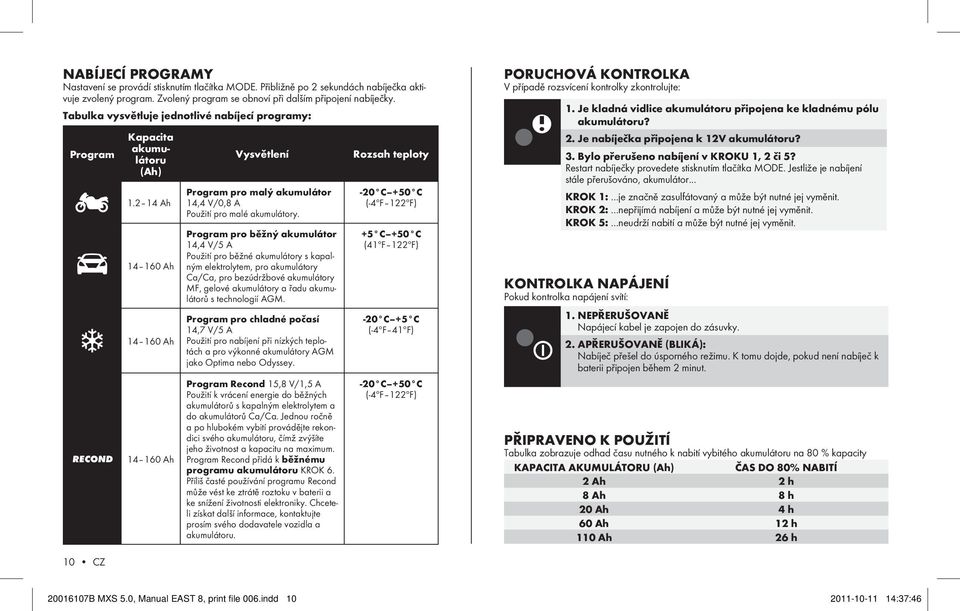 2 14 Ah 14 160 Ah 14 160 Ah 14 160 Ah Vysvětlení Program pro malý akumulátor 14,4 V/0,8 A Použití pro malé akumulátory.