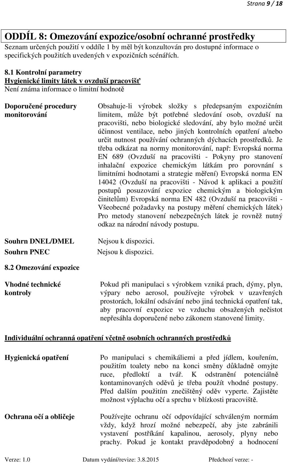 1 Kontrolní parametry Hygienické limity látek v ovzduší pracovišť Není známa informace o limitní hodnotě Doporučené procedury monitorování Souhrn DNEL/DMEL Souhrn PNEC Obsahuje-li výrobek složky s