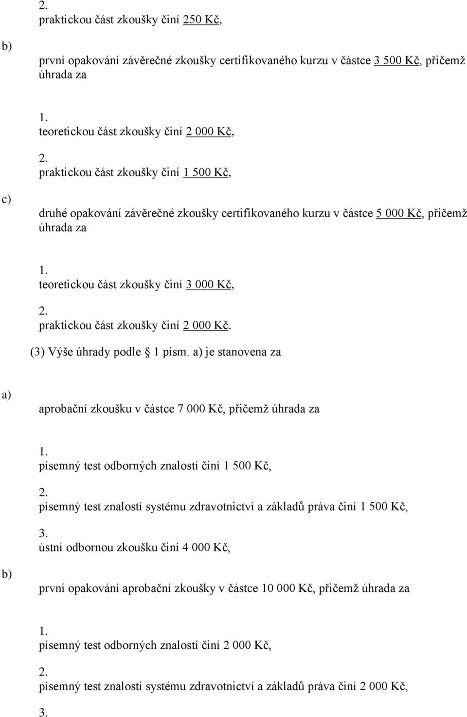je stanovena za aprobační zkoušku v částce 7 000 Kč, přičemž úhrada za písemný test odborných znalostí činí 1 500 Kč, písemný test znalostí systému zdravotnictví a základů práva činí 1 500 Kč, ústní