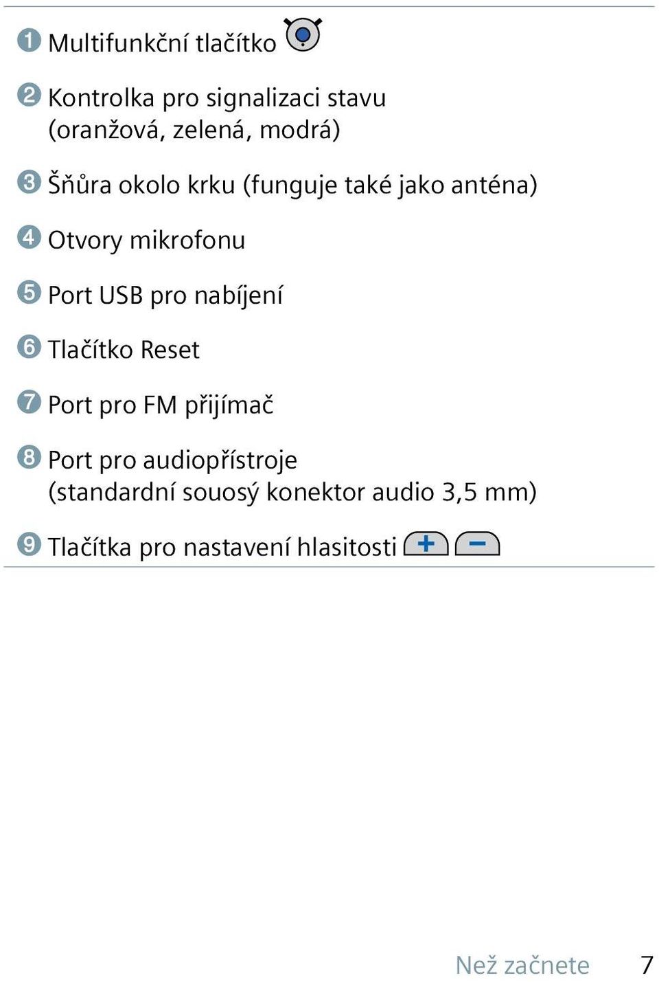 pro nabíjení ➏ Tlačítko Reset ➐ Port pro FM přijímač ➑ Port pro audiopřístroje