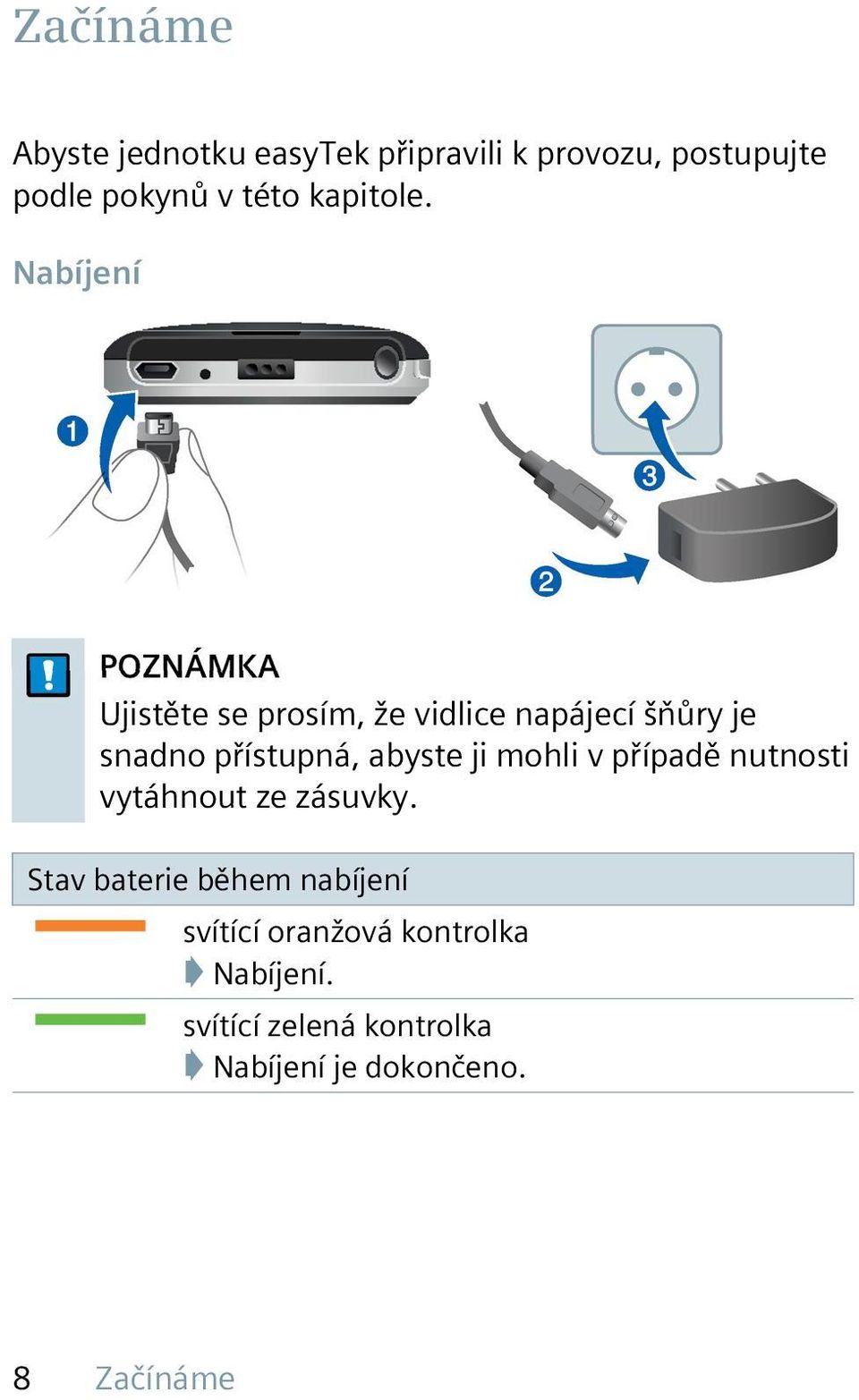 Nabíjení POZNÁMKA Ujistěte se prosím, že vidlice napájecí šňůry je snadno přístupná,