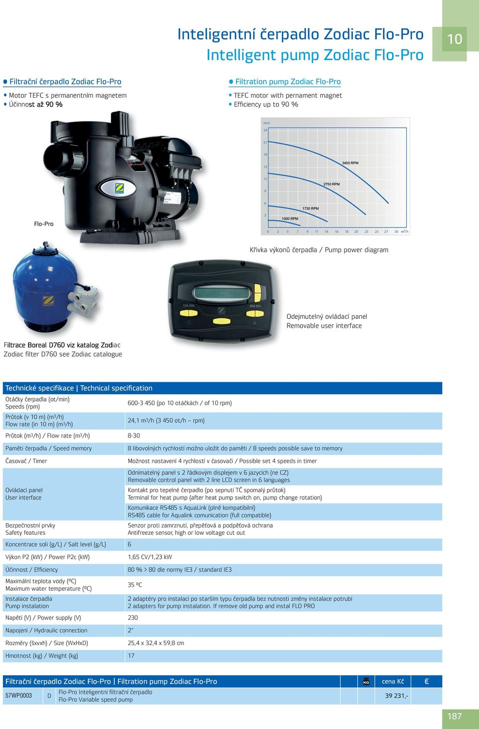 Odejmutelný ovládací panel Removable user interface Filtrace Boreal D760 viz katalog Zodiac Zodiac filter D760 see Zodiac catalogue Technické specifikace Technical specification Otáčky čerpadla