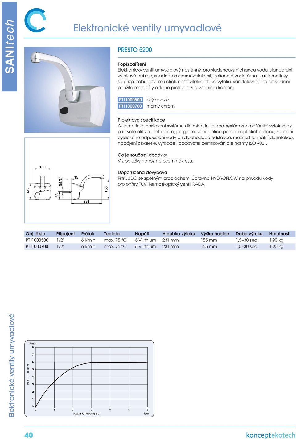 PT11000500 PT11000700 bílý epoxid matný chrom při trvalé aktivaci infračidla, programování funkce pomocí optického členu, zajištění cyklického odpouštění vody při dlouhodobé odstávce, možnost