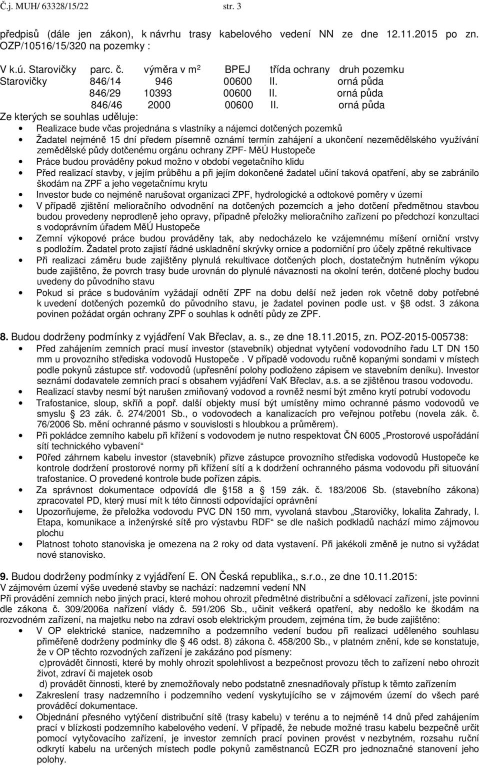 orná půda Ze kterých se souhlas uděluje: Realizace bude včas projednána s vlastníky a nájemci dotčených pozemků Žadatel nejméně 15 dní předem písemně oznámí termín zahájení a ukončení nezemědělského