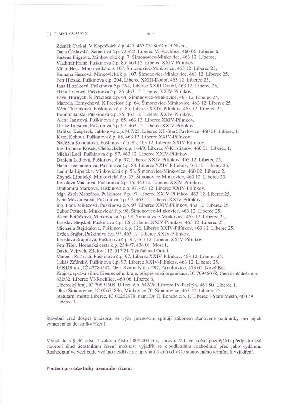 p. 294, Liberec XXllI-Doubí, 463 12 Liberec 25, Jana Hlozáková, Puškinova č.p. 294, Liberec XXIIl-Doubí, 463 12 Liberec 25, Hana Holcová, Puškinova č.p. 85,463 12 Liberec XXIV -Pilínkov, Pavel Homych, K Preciose č.