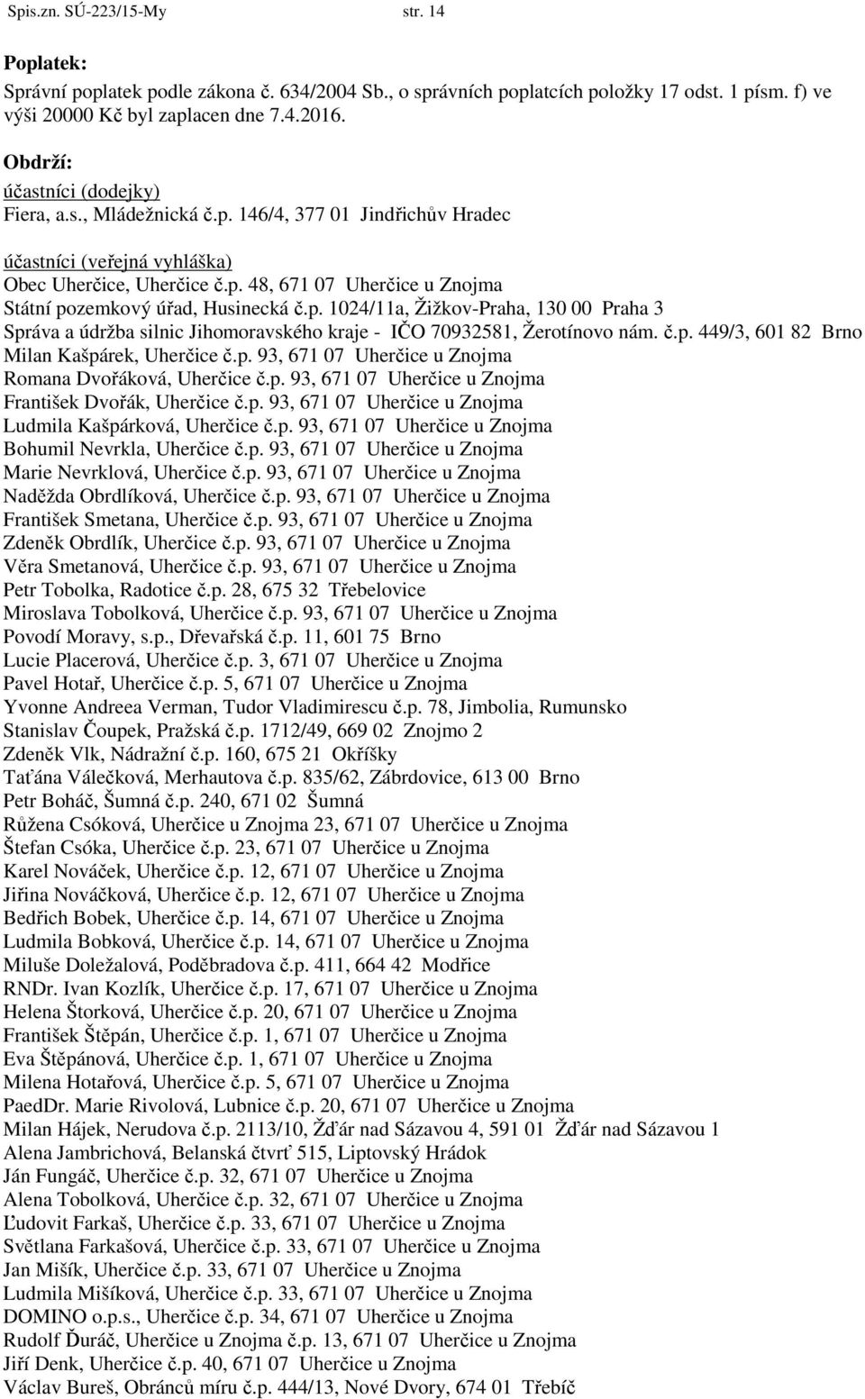 p. 1024/11a, Žižkov-Praha, 130 00 Praha 3 Správa a údržba silnic Jihomoravského kraje - IČO 70932581, Žerotínovo nám. č.p. 449/3, 601 82 Brno Milan Kašpárek, Uherčice č.p. 93, 671 07 Uherčice u Znojma Romana Dvořáková, Uherčice č.